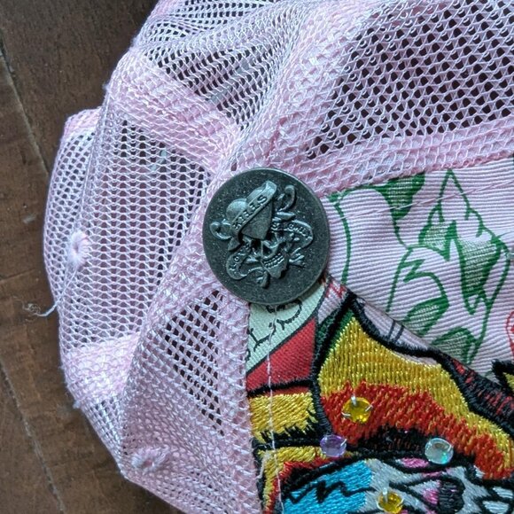 Don Ed Hardy Rhinestone Mesh Hot Pink Hat - Heart & Skull 2000s Y2K Vintage - Picture 3 of 8